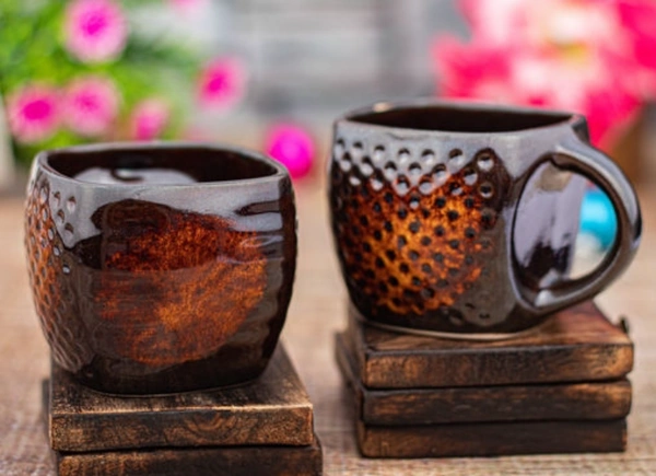 Brown Dotted Square  Ceramic Tea Cups Set of 6 -  Free Size,  Brown,  Ceramic,  Pack of1